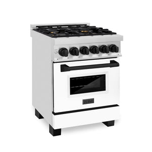 ZLINE Autograph Edition 24 in. 2.8 cu. ft. Legacy Dual Fuel Range with 4 Burner Gas Cooktop and Electric Convection Oven in Stainless Steel with White Matte Door and Matte Black Accents (RAZ-WM-24-MB) main image.