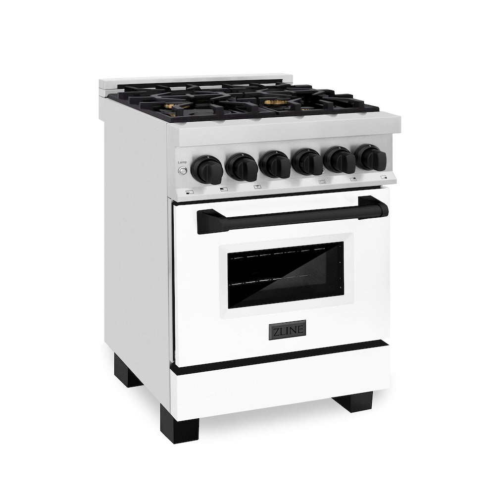 ZLINE Autograph Edition 24 in. 2.8 cu. ft. Legacy Dual Fuel Range with 4 Burner Gas Cooktop and Electric Convection Oven in Stainless Steel with White Matte Door and Matte Black Accents, Open Box-Good Condition