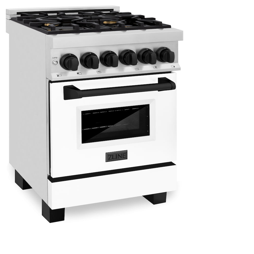 ZLINE Autograph Edition 24 in. 2.8 cu. ft. Dual Fuel Range with Gas Stove and Electric Oven in Stainless Steel with White Matte Door and Matte Black Accents (RAZ-WM-24-MB) side, oven closed.
