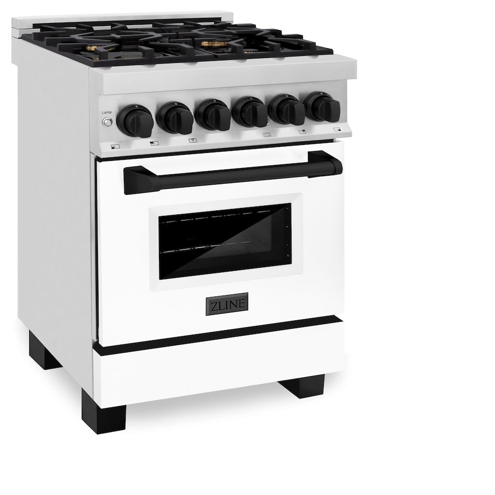 ZLINE Autograph Edition 24 in. 2.8 cu. ft. Legacy Dual Fuel Range with 4 Burner Gas Cooktop and Electric Convection Oven in Stainless Steel with White Matte Door and Matte Black Accents, Open Box-Good Condition
