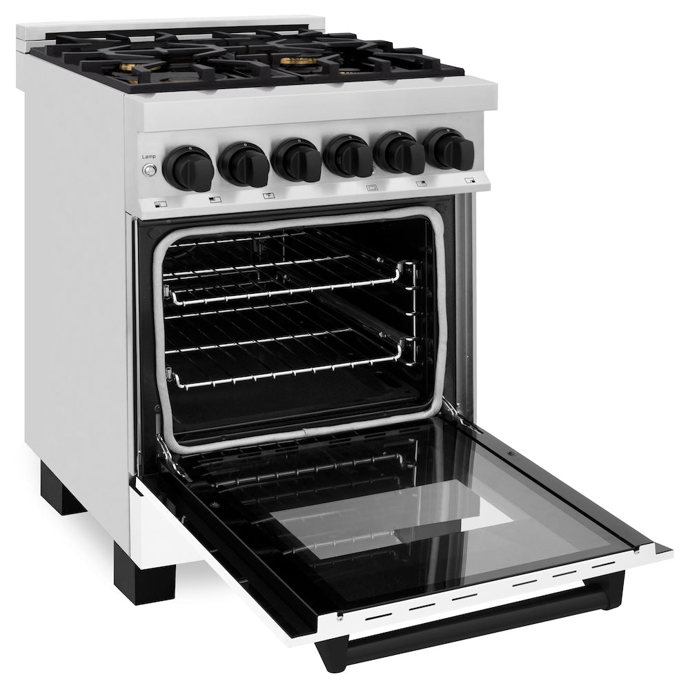 ZLINE Autograph Edition 24 in. 2.8 cu. ft. Dual Fuel Range with Gas Stove and Electric Oven in Stainless Steel with White Matte Door and Matte Black Accents (RAZ-WM-24-MB) side, oven open.