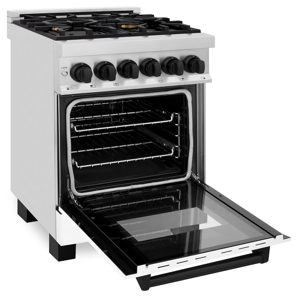 ZLINE Autograph Edition 24 in. 2.8 cu. ft. Legacy Dual Fuel Range with 4 Burner Gas Cooktop and Electric Convection Oven in Stainless Steel with White Matte Door and Matte Black Accents, Open Box-Good Condition
