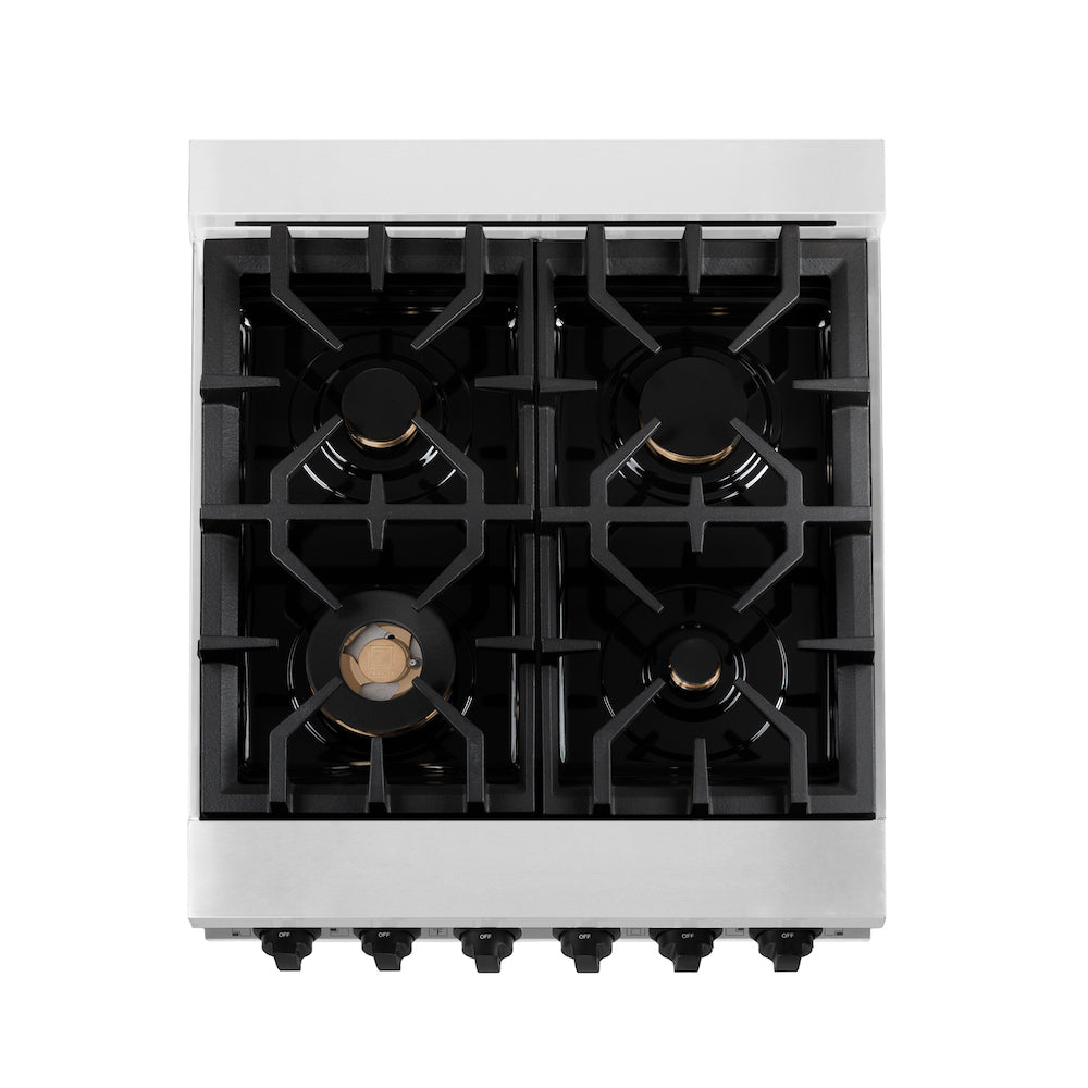 ZLINE Autograph Edition 24 in. 2.8 cu. ft. Legacy Dual Fuel Range with 4 Burner Gas Cooktop and Electric Convection Oven in Stainless Steel with White Matte Door and Matte Black Accents (RAZ-WM-24-MB) top-down, above cooktop.