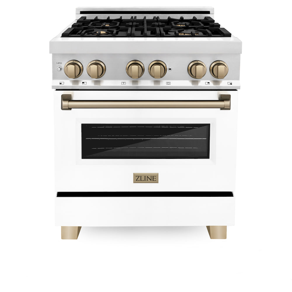 ZLINE Autograph Edition 30 in. 4.0 cu. ft. Legacy Dual Fuel Range with 4 Burner Gas Cooktop and Electric Convection Oven in Stainless Steel with White Matte Door and Champagne Bronze Accents (RAZ-WM-30-CB) front, oven closed.