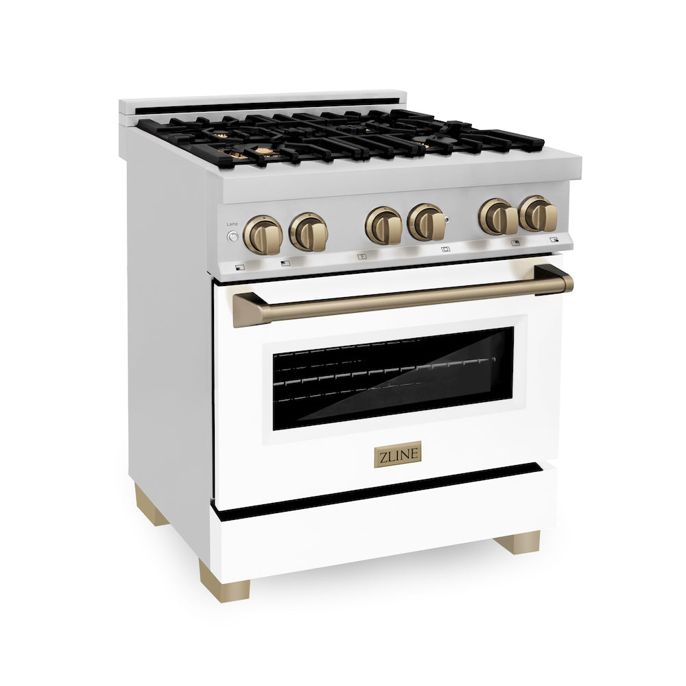 ZLINE Autograph Edition 30 in. 4.0 cu. ft. Dual Fuel Range with Gas Stove and Electric Oven in Stainless Steel with White Matte Door and Champagne Bronze Accents (RAZ-WM-30-CB) 