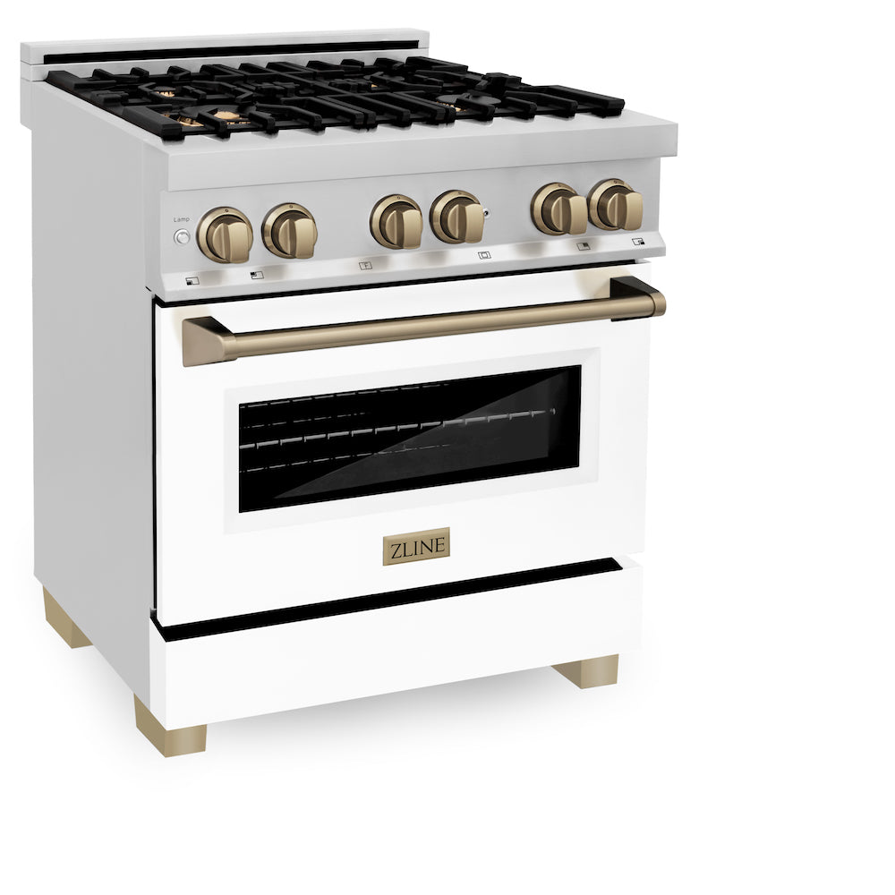 ZLINE Autograph Edition 30 in. 4.0 cu. ft. Dual Fuel Range with Gas Stove and Electric Oven in Stainless Steel with White Matte Door and Champagne Bronze Accents (RAZ-WM-30-CB) side, oven closed.