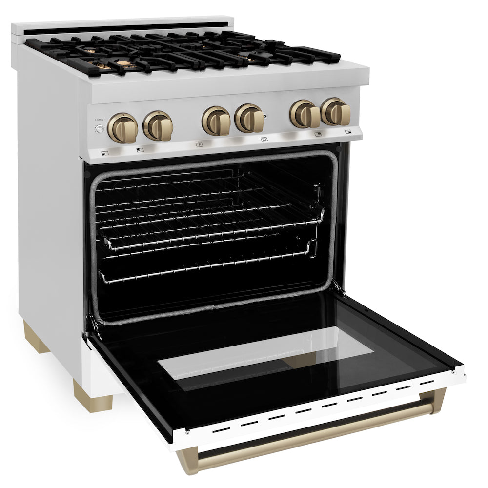 ZLINE Autograph Edition 30 in. 4.0 cu. ft. Dual Fuel Range with Gas Stove and Electric Oven in Stainless Steel with White Matte Door and Champagne Bronze Accents (RAZ-WM-30-CB) side, oven open.