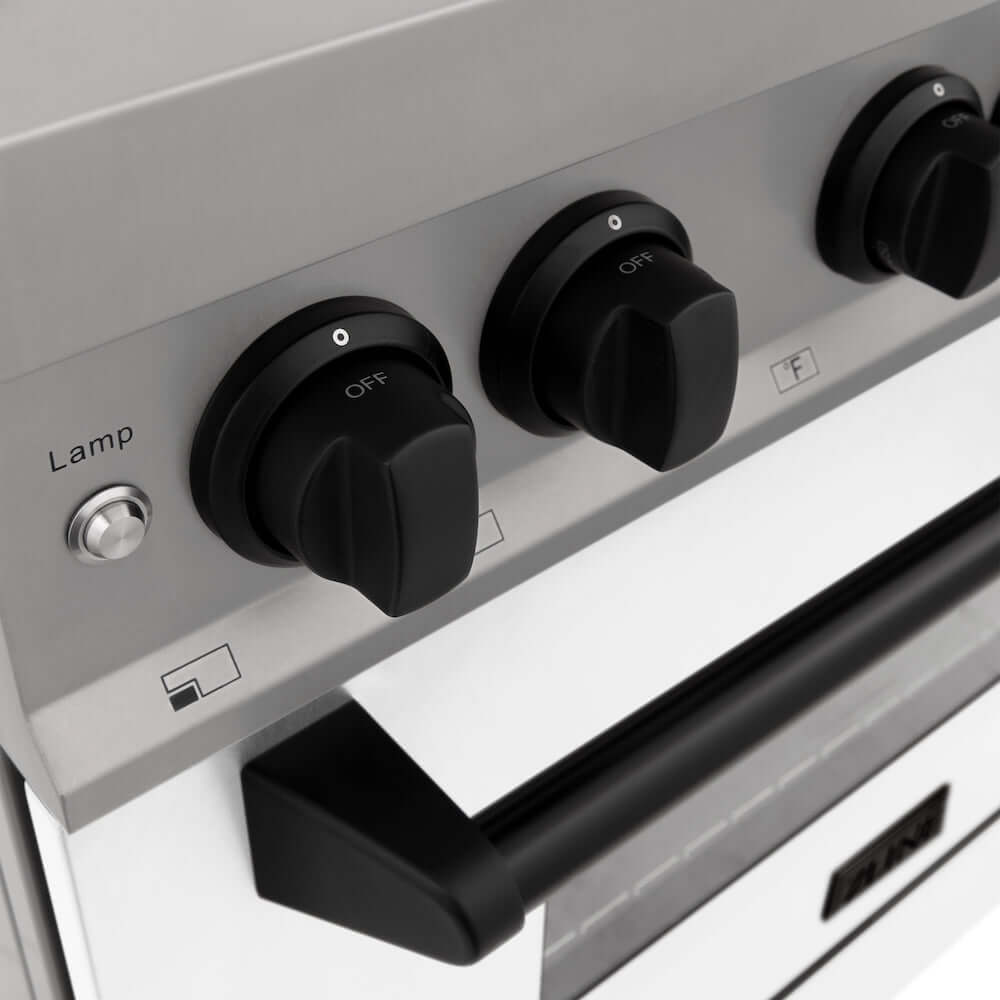 ZLINE Autograph Edition 30 in. 4.0 cu. ft. Legacy Dual Fuel Range with 4 Burner Gas Cooktop and Electric Convection Oven in Stainless Steel with White Matte Door and Matte Black Accents (RAZ-WM-30-MB) oven door.