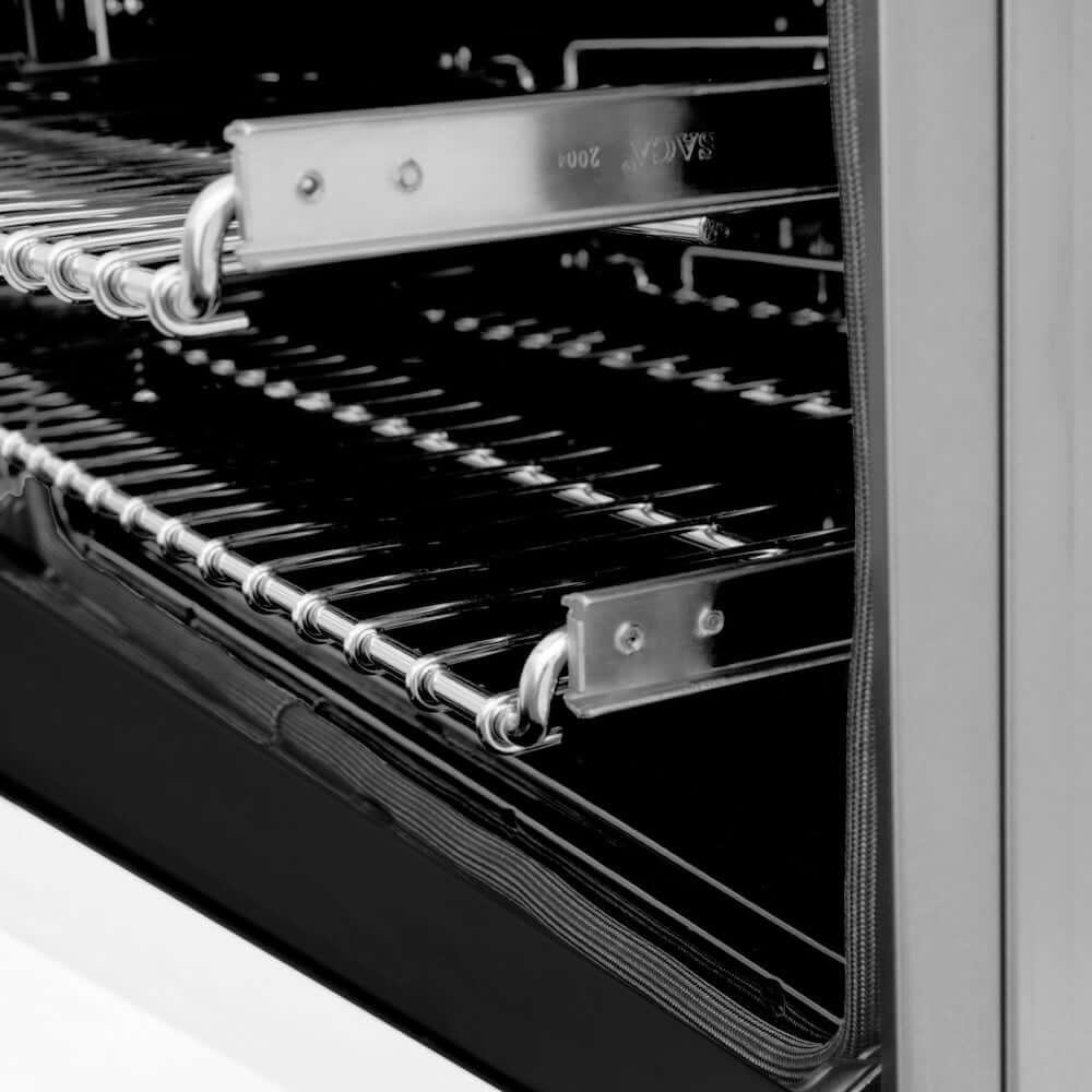 ZLINE Autograph Edition 30 in. 4.0 cu. ft. Dual Fuel Range with Gas Stove and Electric Oven in Stainless Steel with White Matte Door and Matte Black Accents (RAZ-WM-30-MB) side, close-up SmoothGlide adjustable racks inside oven.