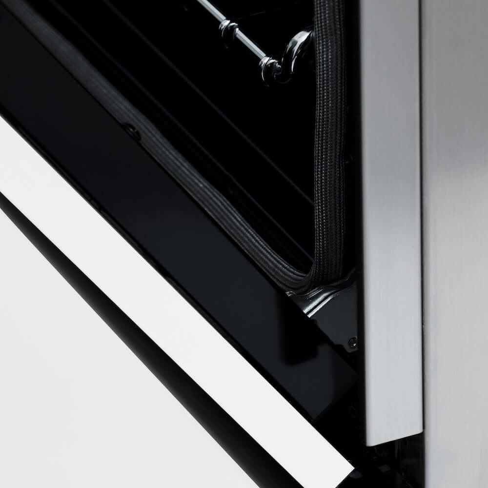 ZLINE Autograph Edition 30 in. 4.0 cu. ft. Legacy Dual Fuel Range with 4 Burner Gas Cooktop and Electric Convection Oven in Stainless Steel with White Matte Door and Matte Black Accents (RAZ-WM-30-MB) detail StayPut oven door hinges.