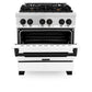 ZLINE Autograph Edition 30 in. 4.0 cu. ft. Legacy Dual Fuel Range with 4 Burner Gas Cooktop and Electric Convection Oven in Stainless Steel with White Matte Door and Matte Black Accents (RAZ-WM-30-MB) front, oven half open.