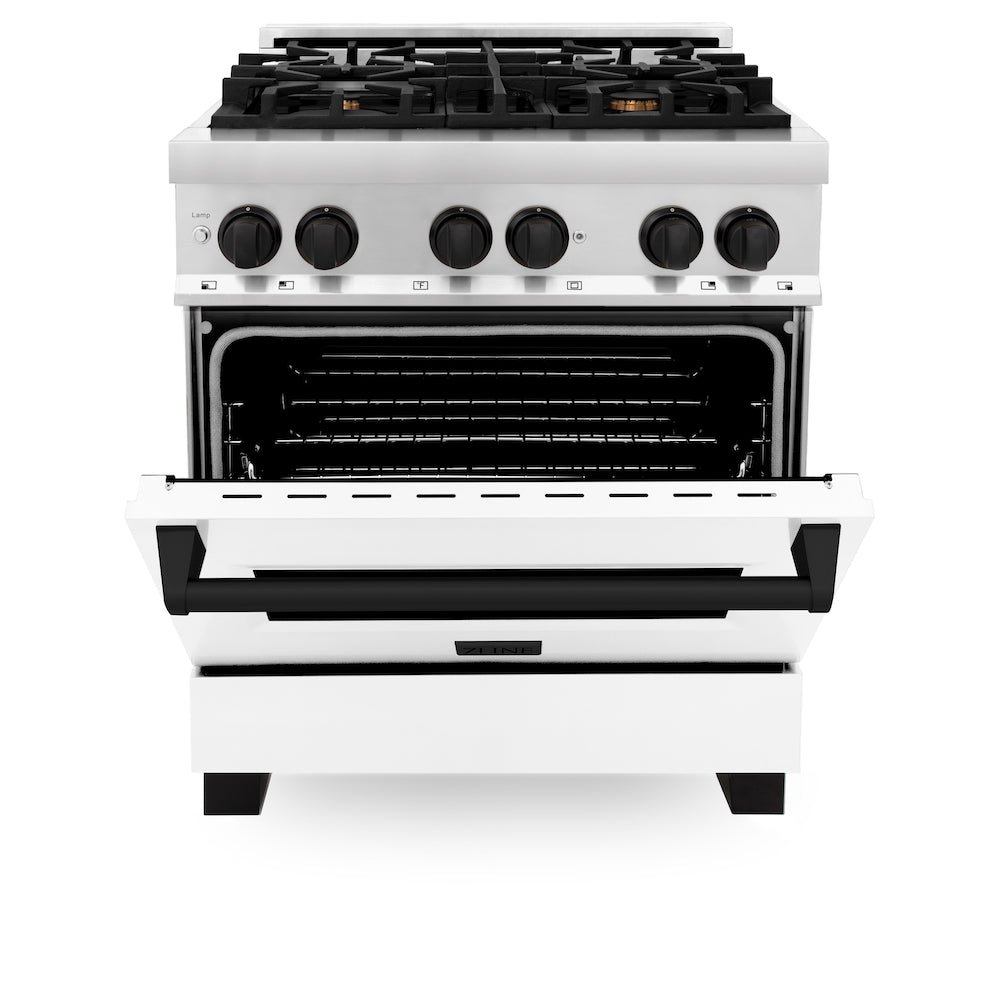 ZLINE Autograph Edition 30 in. 4.0 cu. ft. Legacy Dual Fuel Range with 4 Burner Gas Cooktop and Electric Convection Oven in Stainless Steel with White Matte Door and Matte Black Accents (RAZ-WM-30-MB) front, oven half open.