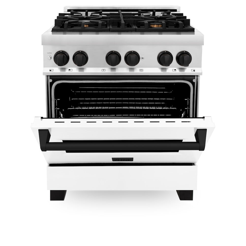 ZLINE Autograph Edition 30 in. 4.0 cu. ft. Legacy Dual Fuel Range with 4 Burner Gas Cooktop and Electric Convection Oven in Stainless Steel with White Matte Door and Matte Black Accents, Open Box-Good Condition