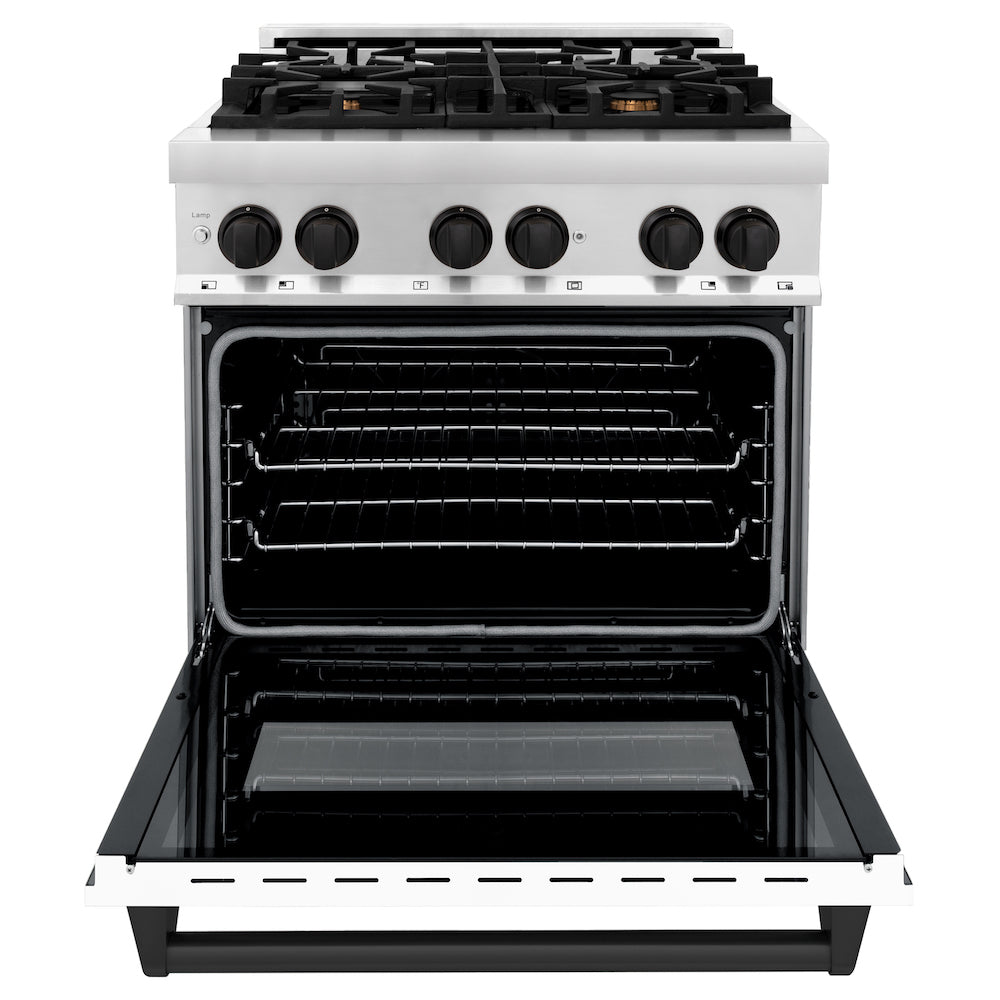 ZLINE Autograph Edition 30 in. 4.0 cu. ft. Dual Fuel Range with Gas Stove and Electric Oven in Stainless Steel with White Matte Door and Matte Black Accents (RAZ-WM-30-MB) front, oven open.