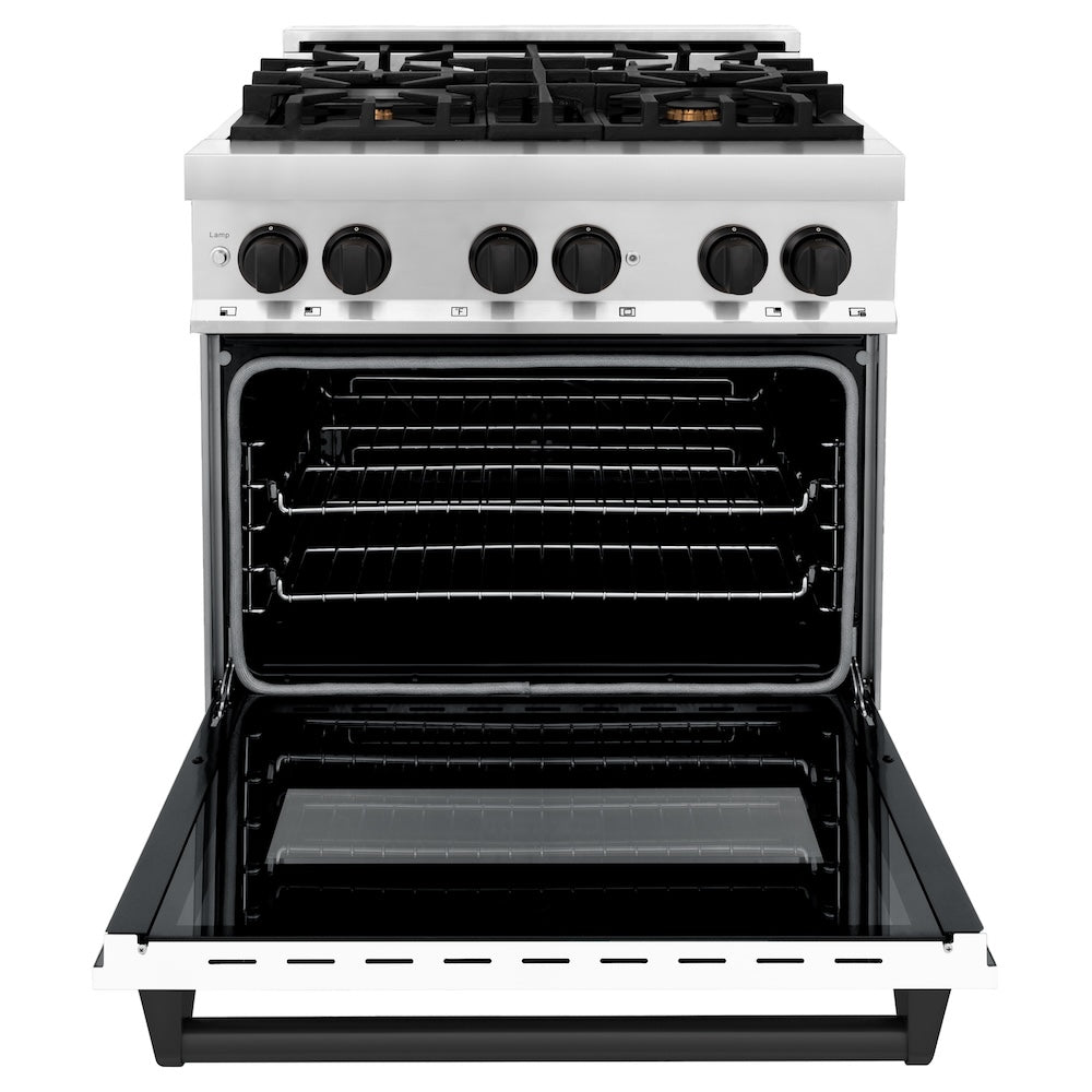 ZLINE Autograph Edition 30 in. Kitchen Package with Stainless Steel Dual Fuel Range with White Matte Door, Range Hood and Dishwasher with Matte Black Accents (3AKP-RAWMRHDWM30-MB)