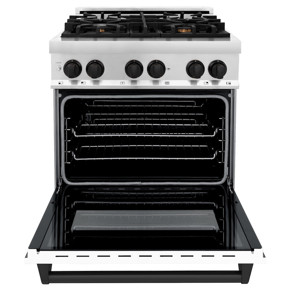 ZLINE Autograph Edition 30 in. 4.0 cu. ft. Legacy Dual Fuel Range with 4 Burner Gas Cooktop and Electric Convection Oven in Stainless Steel with White Matte Door and Matte Black Accents, Open Box-Good Condition
