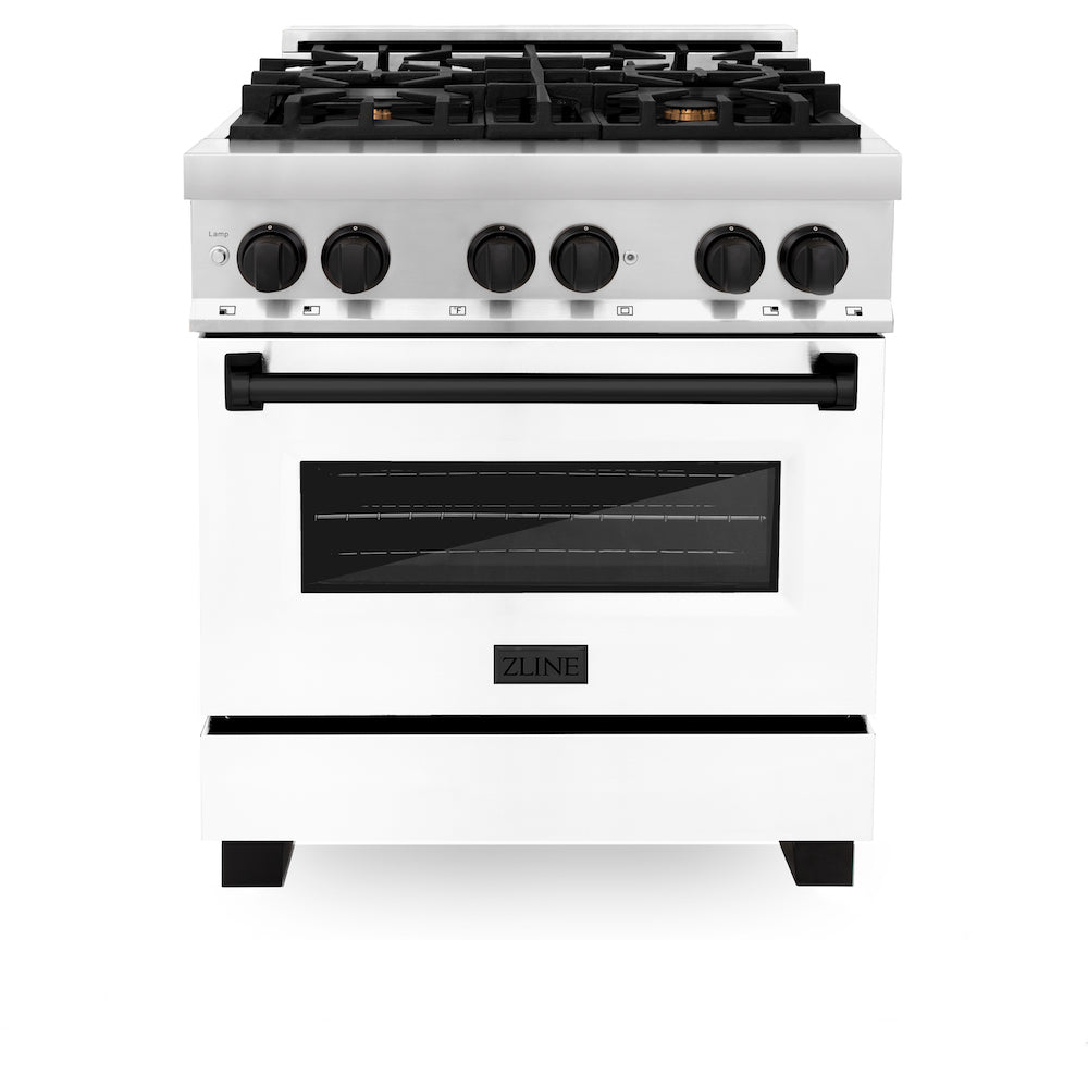 ZLINE Autograph Edition 30 in. 4.0 cu. ft. Legacy Dual Fuel Range with 4 Burner Gas Cooktop and Electric Convection Oven in Stainless Steel with White Matte Door and Matte Black Accents (RAZ-WM-30-MB) front, oven closed.