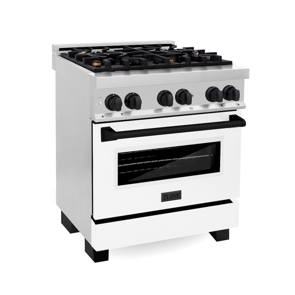 ZLINE Autograph Edition 30 in. 4.0 cu. ft. Legacy Dual Fuel Range with 4 Burner Gas Cooktop and Electric Convection Oven in Stainless Steel with White Matte Door and Matte Black Accents (RAZ-WM-30-MB) main image.