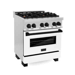 ZLINE Autograph Edition 30 in. 4.0 cu. ft. Legacy Dual Fuel Range with 4 Burner Gas Cooktop and Electric Convection Oven in Stainless Steel with White Matte Door and Matte Black Accents (RAZ-WM-30-MB) main image.