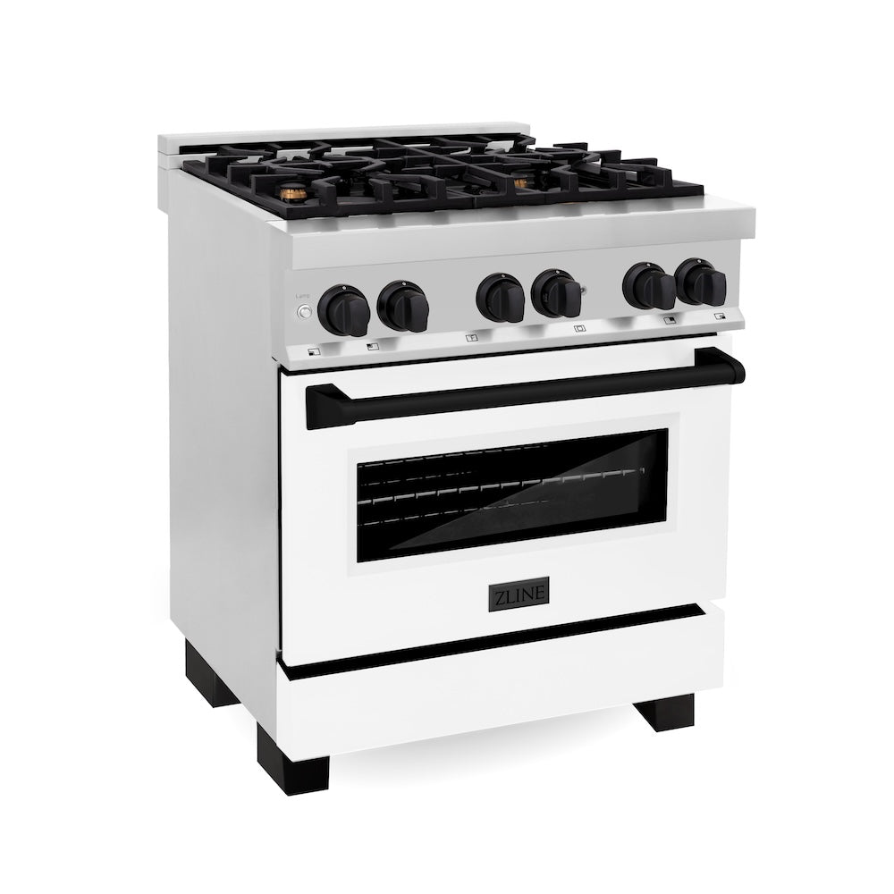 ZLINE Autograph Edition 30 in. 4.0 cu. ft. Legacy Dual Fuel Range with 4 Burner Gas Cooktop and Electric Convection Oven in Stainless Steel with White Matte Door and Matte Black Accents, Open Box-Good Condition