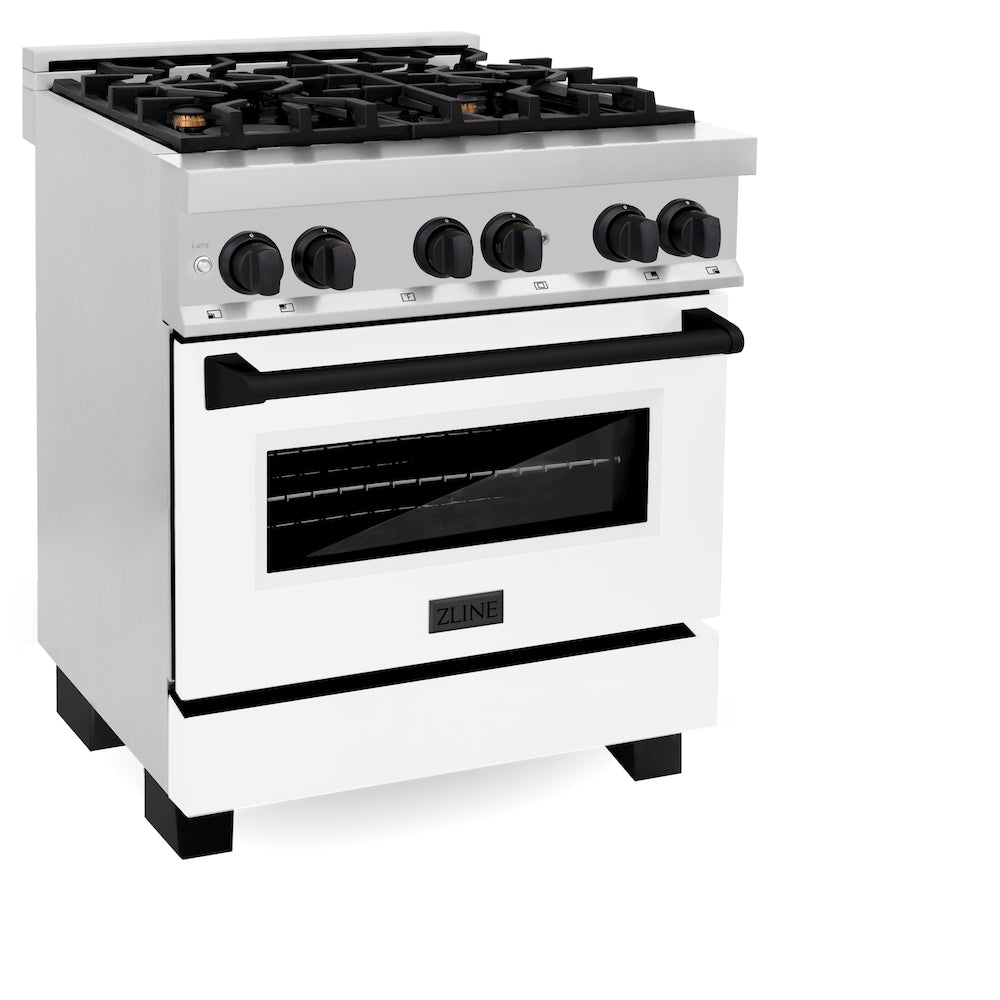 ZLINE Autograph Edition 30 in. 4.0 cu. ft. Legacy Dual Fuel Range with 4 Burner Gas Cooktop and Electric Convection Oven in Stainless Steel with White Matte Door and Matte Black Accents (RAZ-WM-30-MB) side, oven closed.