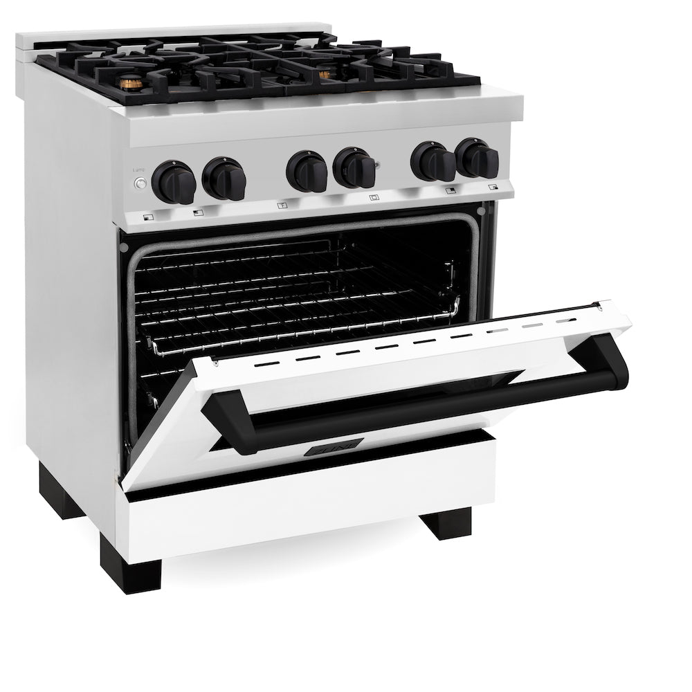 ZLINE Autograph Edition 30 in. 4.0 cu. ft. Dual Fuel Range with Gas Stove and Electric Oven in Stainless Steel with White Matte Door and Matte Black Accents (RAZ-WM-30-MB) side, oven half open.