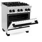 ZLINE Autograph Edition 30 in. 4.0 cu. ft. Legacy Dual Fuel Range with 4 Burner Gas Cooktop and Electric Convection Oven in Stainless Steel with White Matte Door and Matte Black Accents (RAZ-WM-30-MB) side, oven half open.