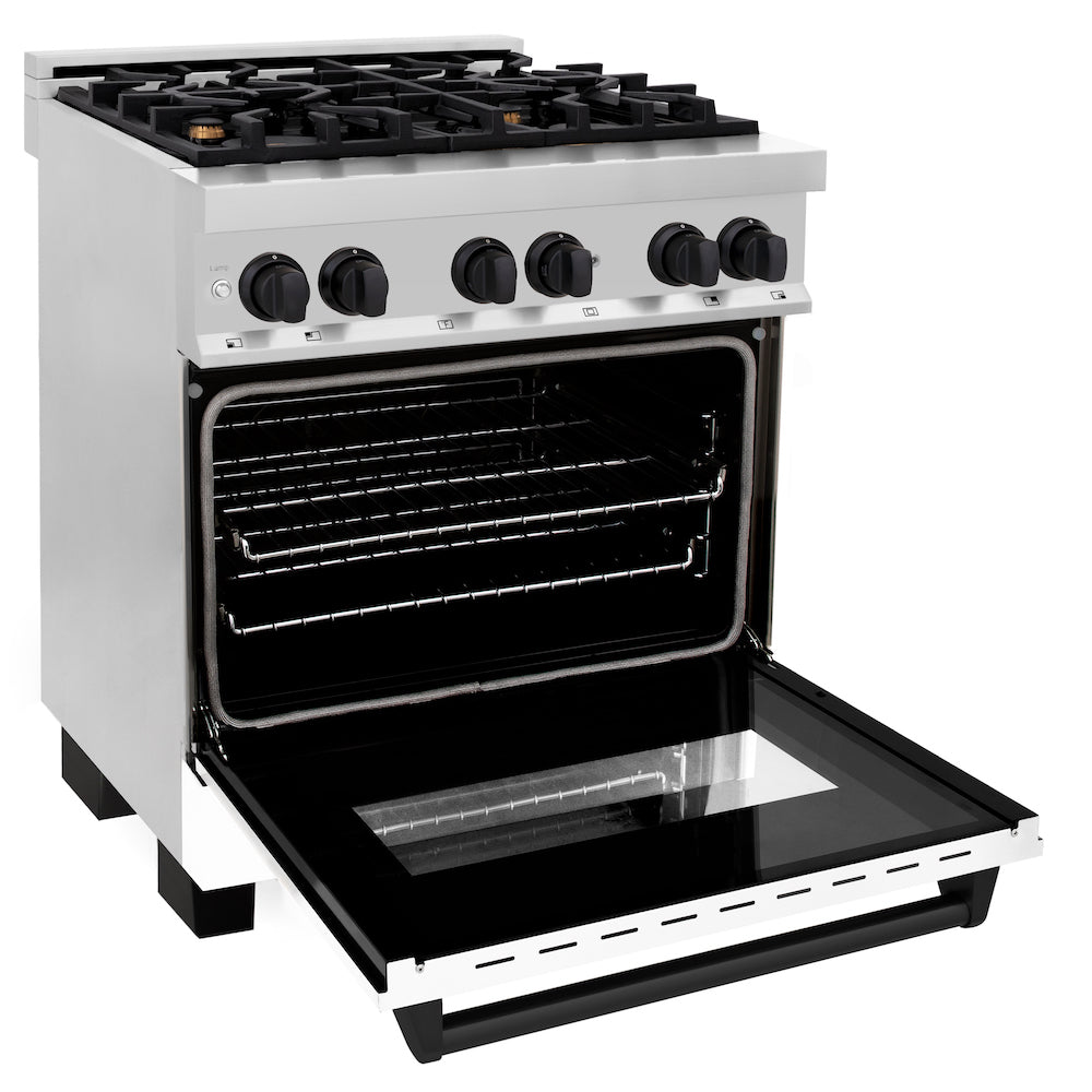 ZLINE Autograph Edition 30 in. 4.0 cu. ft. Legacy Dual Fuel Range with 4 Burner Gas Cooktop and Electric Convection Oven in Stainless Steel with White Matte Door and Matte Black Accents (RAZ-WM-30-MB) side, oven open.