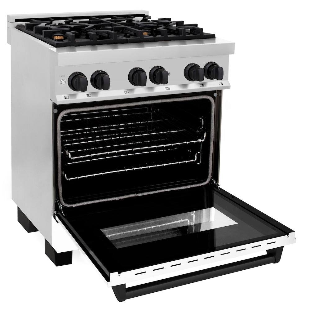 ZLINE Autograph Edition 30 in. 4.0 cu. ft. Legacy Dual Fuel Range with 4 Burner Gas Cooktop and Electric Convection Oven in Stainless Steel with White Matte Door and Matte Black Accents, Open Box-Good Condition