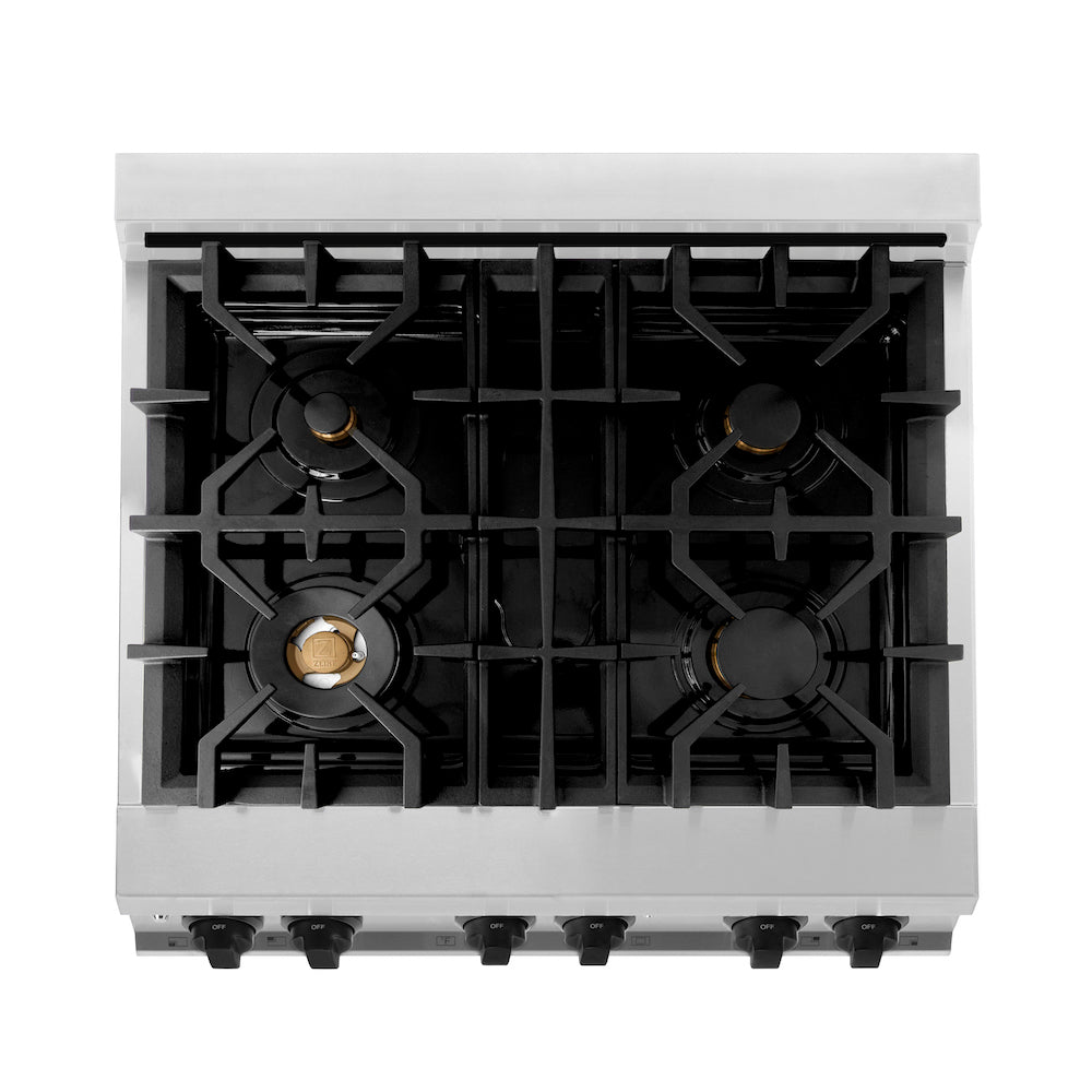 ZLINE Autograph Edition 30 in. 4.0 cu. ft. Legacy Dual Fuel Range with 4 Burner Gas Cooktop and Electric Convection Oven in Stainless Steel with White Matte Door and Matte Black Accents (RAZ-WM-30-MB) top down, above cooktop.