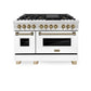 ZLINE Autograph Edition 48 in. Kitchen Package with Stainless Steel Dual Fuel Range with White Matte Door, Range Hood and Dishwasher with Champagne Bronze Accents (3AKP-RAWMRHDWM48-CB)