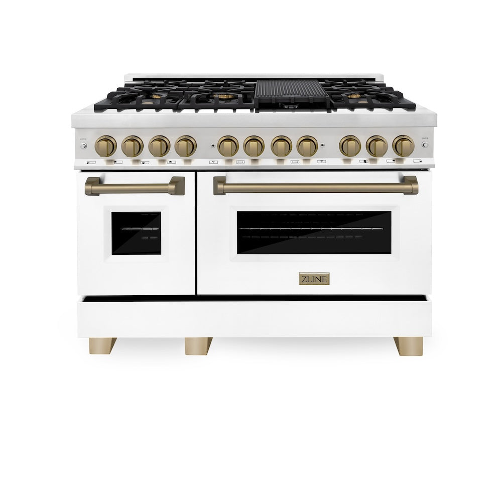 ZLINE Autograph Edition 48 in. Kitchen Package with Stainless Steel Dual Fuel Range with White Matte Door, Range Hood and Dishwasher with Champagne Bronze Accents (3AKP-RAWMRHDWM48-CB)