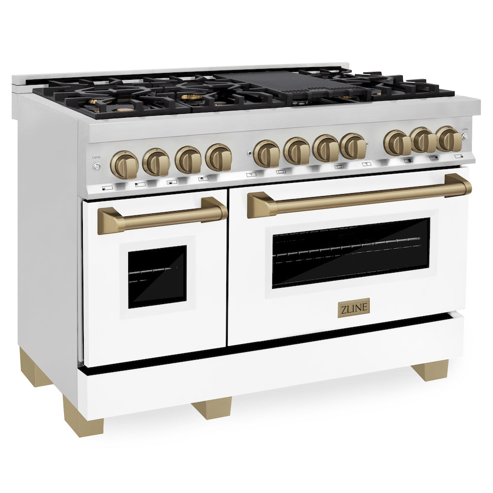 ZLINE Autograph Edition 48 in. 6.0 cu. ft. Legacy Dual Fuel Range with 7 Burner Gas Cooktop and 2 Electric Ovens in Stainless Steel with White Matte Doors and Champagne Bronze Accents (RAZ-WM-48-CB) main image.