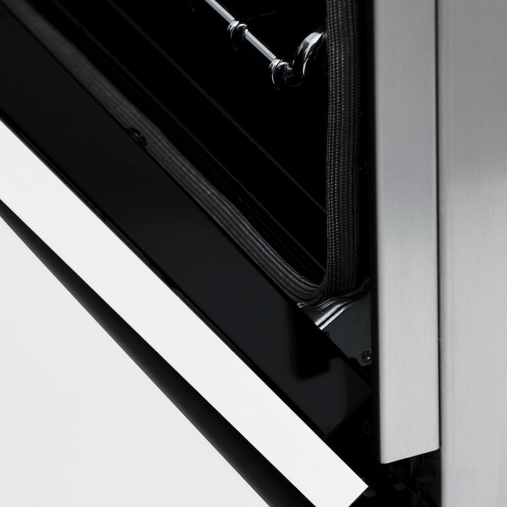 ZLINE Autograph Edition 48 in. 6.0 cu. ft. Legacy Dual Fuel Range with 7 Burner Gas Cooktop and 2 Electric Ovens in Stainless Steel with White Matte Doors and Polished Gold Accents (RAZ-WM-48-G) detail StayPut oven door hinges.