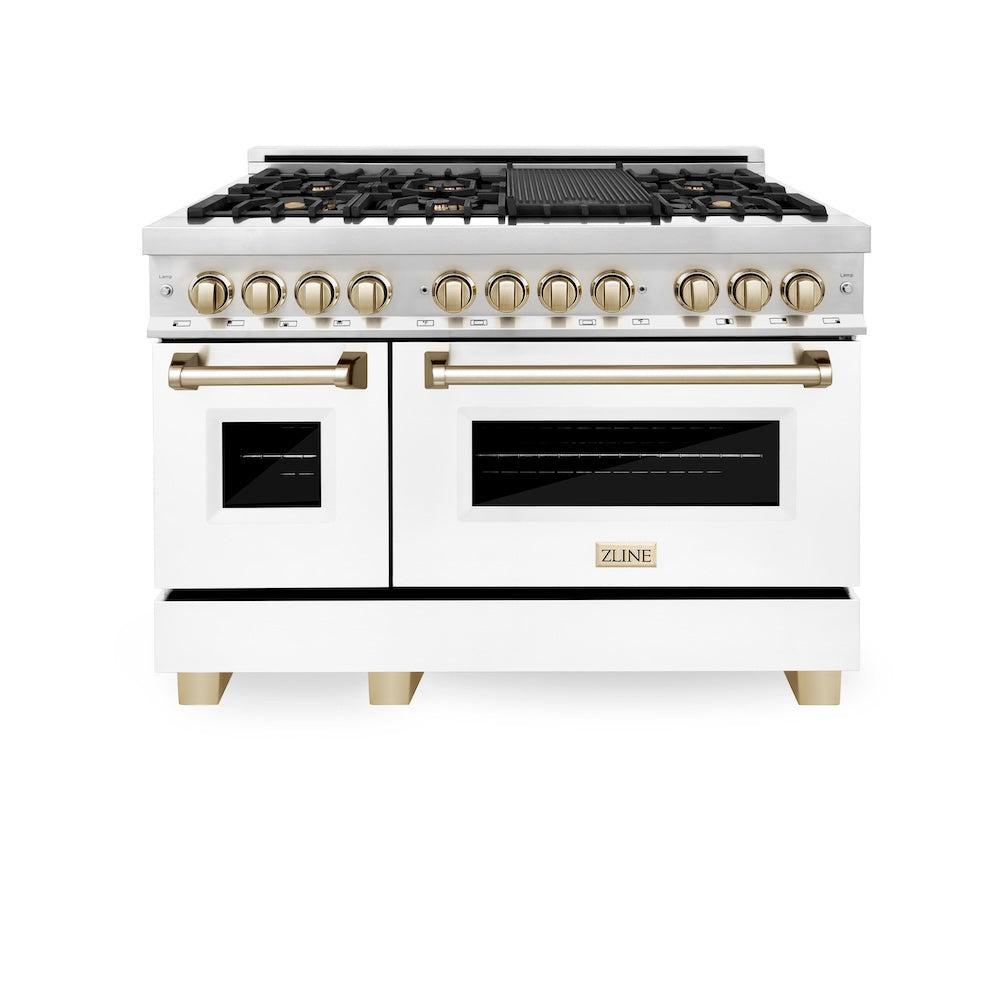ZLINE Autograph Edition 48 in. 6.0 cu. ft. Legacy Dual Fuel Range with 7 Burner Gas Cooktop and 2 Electric Ovens in Stainless Steel with White Matte Doors and Polished Gold Accents (RAZ-WM-48-G) front, oven closed.