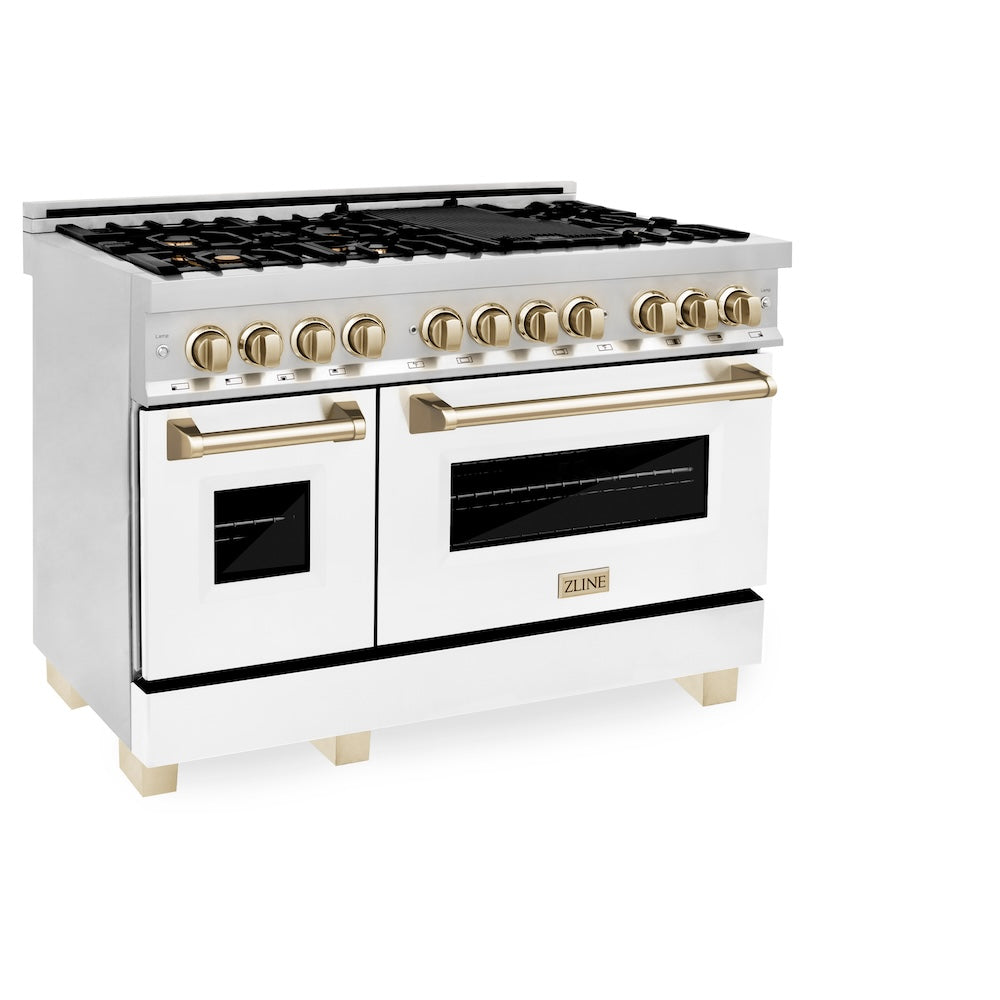 ZLINE Autograph Edition 48 in. Kitchen Package with Stainless Steel Dual Fuel Range with White Matte Door and Range Hood with Polished Gold Accents (2AKP-RAWMRH48-G)