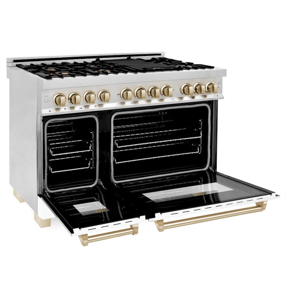 ZLINE Autograph Edition 48 in. 6.0 cu. ft. Legacy Dual Fuel Range with 7 Burner Gas Cooktop and 2 Electric Ovens in Stainless Steel with White Matte Doors and Polished Gold Accents (RAZ-WM-48-G) side, oven open.