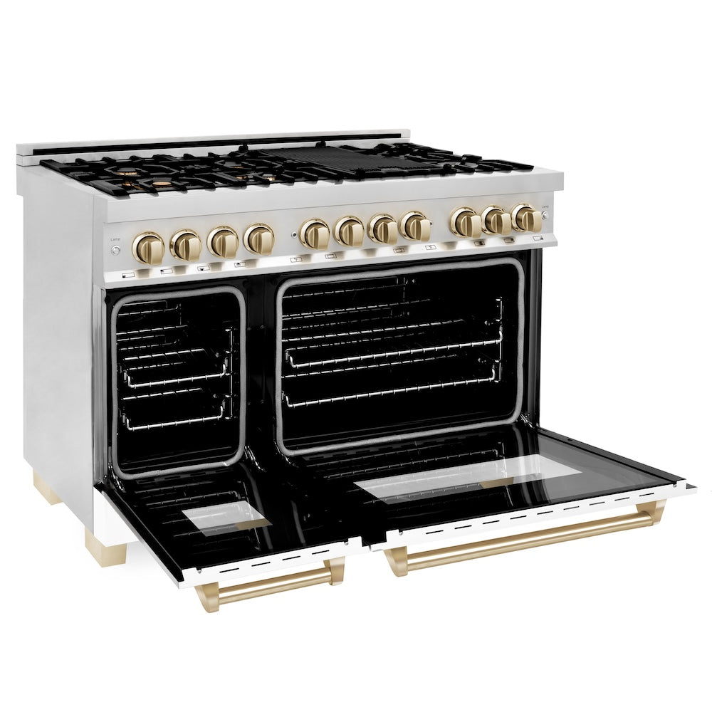 ZLINE Autograph Edition 48 in. Kitchen Package with Stainless Steel Dual Fuel Range with White Matte Door and Range Hood with Polished Gold Accents (2AKP-RAWMRH48-G)