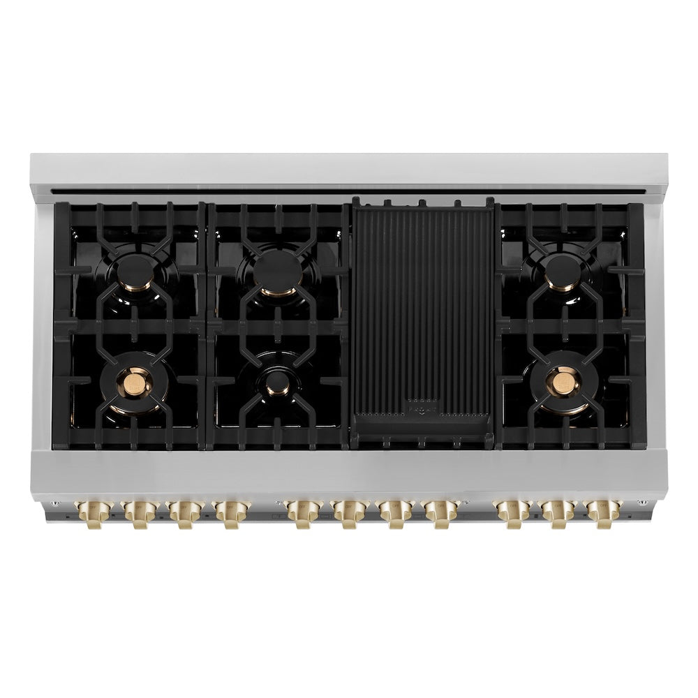 ZLINE Autograph Edition 48 in. 6.0 cu. ft. Legacy Dual Fuel Range with 7 Burner Gas Cooktop and 2 Electric Ovens in Stainless Steel with White Matte Doors and Polished Gold Accents, Open Box-Good Condition