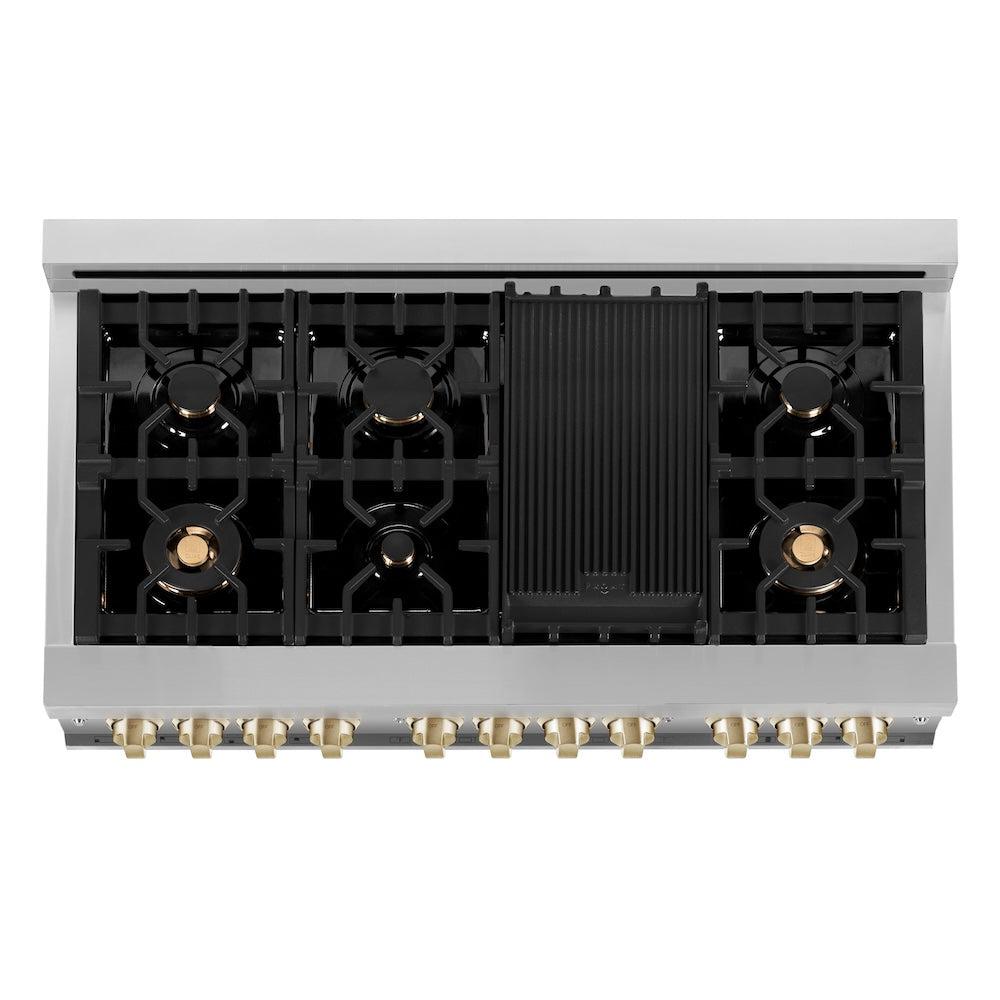 ZLINE Autograph Edition 48 in. 6.0 cu. ft. Legacy Dual Fuel Range with 7 Burner Gas Cooktop and 2 Electric Ovens in Stainless Steel with White Matte Doors and Polished Gold Accents (RAZ-WM-48-G) top-down, above cooktop.