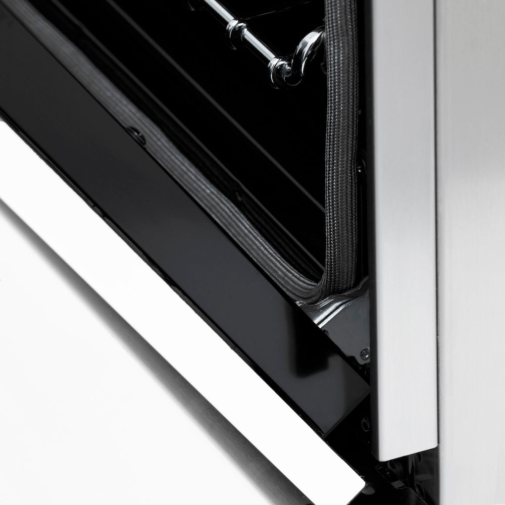 ZLINE Autograph Edition 48 in. 6.0 cu. ft. Legacy Dual Fuel Range with 7 Burner Gas Cooktop and 2 Electric Ovens in Stainless Steel with White Matte Doors and Matte Black Accents (RAZ-WM-48-MB) detail StayPut oven door hinges.