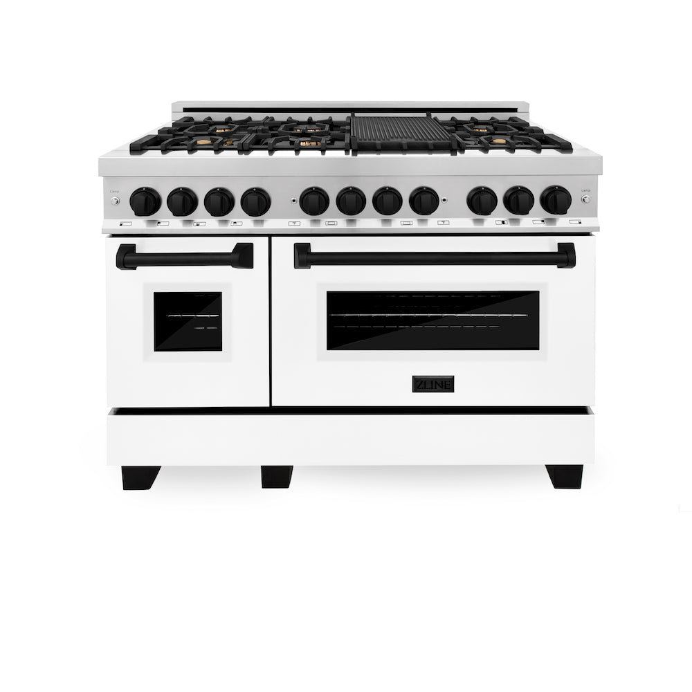 ZLINE Autograph Edition 48 in. 6.0 cu. ft. Dual Fuel Range with Gas Stove and Electric Oven in Stainless Steel with White Matte Doors and Matte Black Accents (RAZ-WM-48-MB)