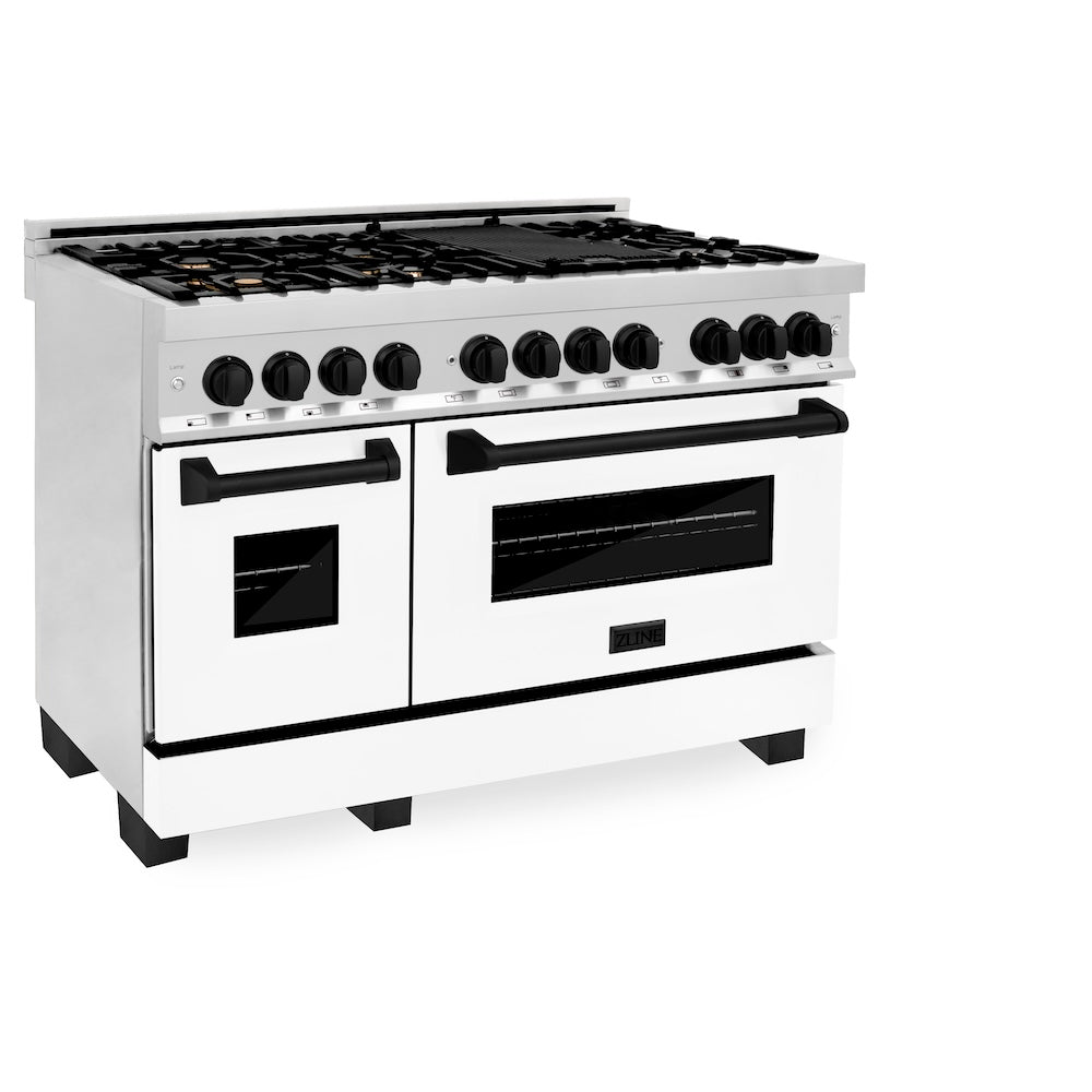 ZLINE Autograph Edition 48 in. Kitchen Package with Stainless Steel Dual Fuel Range with White Matte Door and Range Hood with Matte Black Accents (2AKP-RAWMRH48-MB)