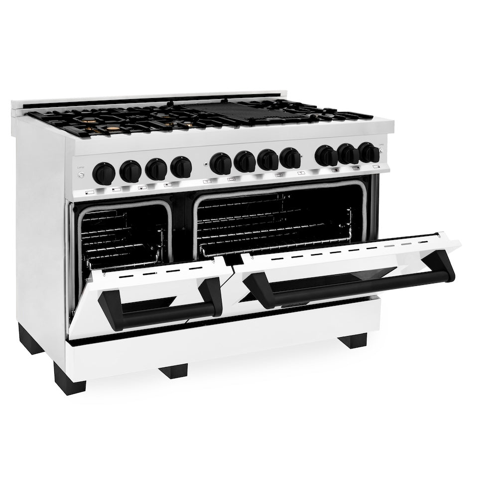 ZLINE Autograph Edition 48 in. Kitchen Package with Stainless Steel Dual Fuel Range with White Matte Door and Range Hood with Matte Black Accents (2AKP-RAWMRH48-MB)