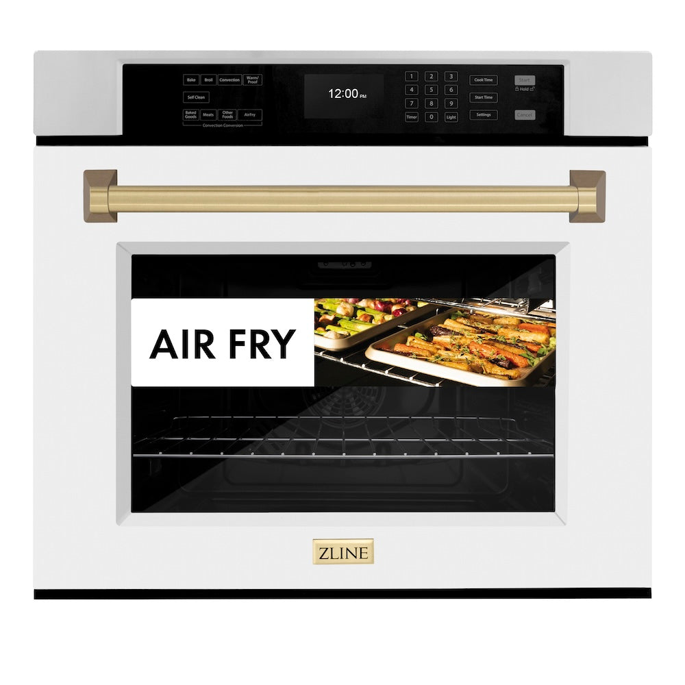 ZLINE Autograph Edition 30 in. Professional True Convection Single Wall Oven with Air Fry and Self Clean in Stainless Steel with White Matte Door and Champagne Bronze Handle (WASZ-WM-30-CB)