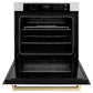 ZLINE Autograph Edition 30 in. Professional True Convection Single Wall Oven with Air Fry and Self Clean in Stainless Steel with White Matte Door and Champagne Bronze Handle (WASZ-WM-30-CB) front, open.