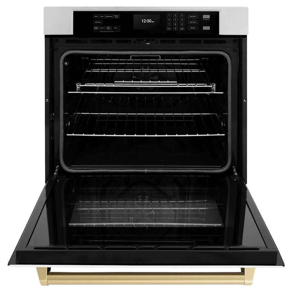 ZLINE Autograph Edition 30 in. Professional True Convection Single Wall Oven with Air Fry and Self Clean in Stainless Steel with White Matte Door and Champagne Bronze Handle (WASZ-WM-30-CB) front, open.