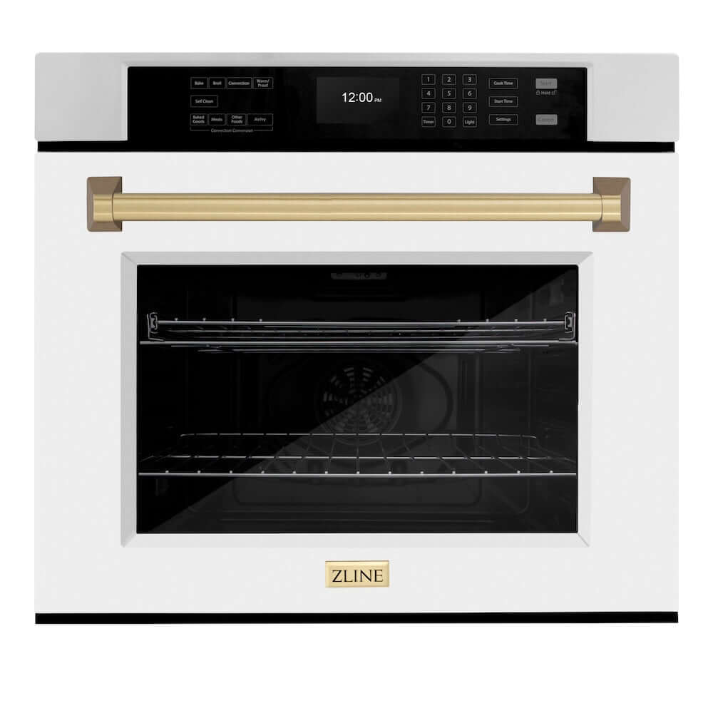 ZLINE Autograph Edition 30 in. Professional True Convection Single Wall Oven with Air Fry and Self Clean in Stainless Steel with White Matte Door and Champagne Bronze Handle (WASZ-WM-30-CB) main image.