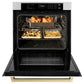 ZLINE Autograph Edition 30 in. Professional True Convection Single Wall Oven with Air Fry and Self Clean in Stainless Steel with White Matte Door and Polished Gold Handle (WASZ-WM-30-G) front, open, with food inside.