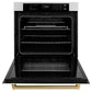 ZLINE Autograph Edition 30 in. Professional True Convection Single Wall Oven with Air Fry and Self Clean in Stainless Steel with White Matte Door and Polished Gold Handle (WASZ-WM-30-G) front, open.